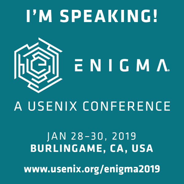 I'm Speaking at Enigma 2019 button
