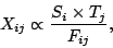 \begin{displaymath}
X_{ij} \propto \frac{S_i \times T_j}{F_{ij}},
\end{displaymath}