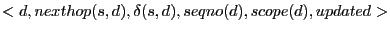 $\displaystyle <d, nexthop(s,d), \delta(s,d), seqno(d), scope(d), updated>$