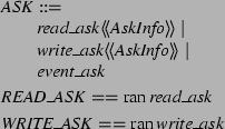 \begin{zed}
ASK ::= \\
\t1 read\_ask \ldata AskInfo \rdata \vert \\
\t1 wri...
...also
READ\_ASK == \ran read\_ask
\also
WRITE\_ASK == \ran write\_ask
\end{zed}