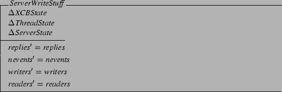 \begin{schema}{ServerWriteStuff}
\Delta XCBState \\
\Delta ThreadState \\
\...
...ents' = nevents
\also
writers' = writers
\also
readers' = readers
\end{schema}