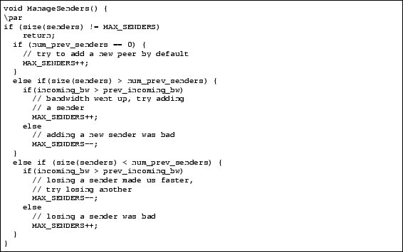 \begin{figure}\lstset{basicstyle=\ttfamily\scriptsize }
\begin{lstlisting}[frame...
...e
// losing a sender was bad
MAX_SENDERS++;
}
}
\end{lstlisting}
\end{figure}