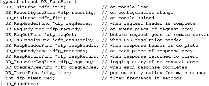 \begin{figure*}\begin{verbatim}typedef struct DR_FuncPtrs {
DR_InitFunc *dfp...
...; // timer frequency in seconds
} DR_FuncPtrs;\end{verbatim}{\sf}
\end{figure*}