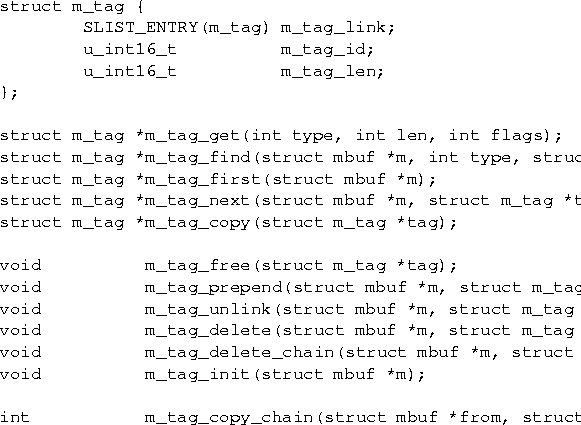 \begin{figure*}
\begin{center}
{\small
\begin{verbatim}
struct m_tag {
 SLIST_EN...
 ...ain(struct mbuf *from, struct mbuf *to);\end{verbatim}}\end{center}\end{figure*}