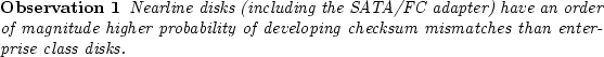 \begin{observe}
Nearline disks (including the SATA/FC adapter) have an
order of...
...ty of developing checksum mismatches than
enterprise class disks.\end{observe}