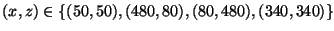 $(x,z) \in \{(50, 50), (480, 80), (80, 480), (340,
340)\}$