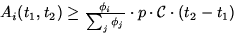 $A_i(t_1,t_2) \geq \frac{\phi_i}{\sum_j \phi_j} \cdot p \cdot {\cal C}
\cdot (t_2-t_1)$