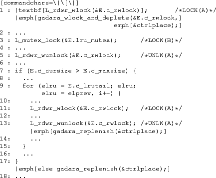 \begin{figure}\begin{center}
{\footnotesize
\begin{Verbatim}[commandchars=\Vert\...
....lru_mutex); /*UNLK(B)*/\end{Verbatim}
}
\end{center}\vspace*{-2ex}
\end{figure}