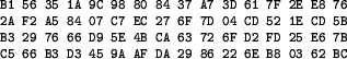 \begin{figure}
\footnotesize
\begin{verbatim}
B1 56 35 1A 9C 98 80 84 37 A7...
...
C5 66 B3 D3 45 9A AF DA 29 86 22 6E B8 03 62 BC\end{verbatim}
\end{figure}