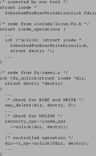 \begin{figure}\begin{small}
\begin{verbatim}/* inserted by our tool */
struct ...
...*/
dir->i_op->unlink(Cdir, dentry);
...
}\end{verbatim}\end{small}\end{figure}