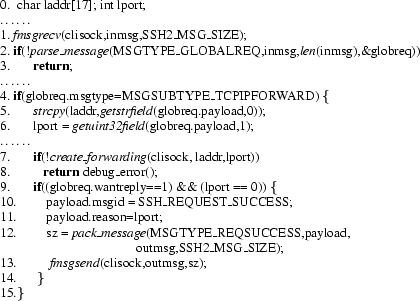 \begin{figure}\scriptsize0. ~char laddr[17]; int lport; \\
\ldots\ldots\\
1.~\...
...~~~$\textit{fmsgsend}(clisock,outmsg,sz);\\
14.$~~~~~~$\}\\
15.\}
\end{figure}