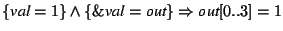 $\{\textit{val} = 1\} \wedge \{\&\textit{val} = \textit{out}\}
\Rightarrow \textit{out}[0..3] = 1$