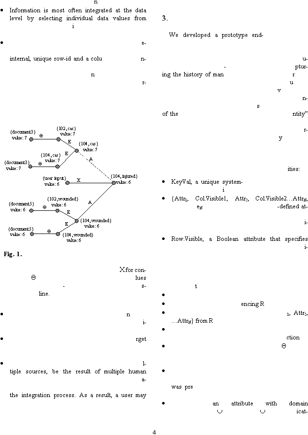 4 n Information is most often integrated at the data level by selecting individual data values from i e-internal, unique row-id and a colun-nr-   Fig. 1. for con-lues -s-line.  ni- rget  l-tiple sources, be the result of multiple human a-the integration process. As a result, a user may  3.  We developed a prototype end-u--ptur-ing the history of manruvn-sof the ntity r-y ities: KeyVal, a unique system-i {Attr1, Col.Visible1, Attr2, Col.Visible2AttrN, eN-defined at-i- Row.Visible, a Boolean attribute that specifies i-  t  encing R 1, Attr2, AttrN} from R ction  was pre  an attribute with domain icat-{104, injured}value: 6{104, wounded}value: 6{104, cas}value: 7AA{document5}value: 6{user input}value: 6E{104, wounded}value: 6{102, wounded}value: 6E{document5}value: 6EE{104, cas}value: 7{document3}value: 7{102, cas}value: 7{document3}value: 7{104, injured}value: 6{104, wounded}value: 6{104, cas}value: 7AA{document5}value: 6{user input}value: 6E{104, wounded}value: 6{102, wounded}value: 6E{document5}value: 6EE{104, cas}value: 7{document3}value: 7{102, cas}value: 7{document3}value: 7