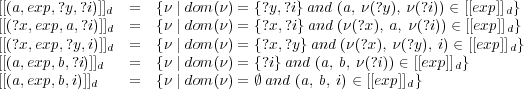 [[(a,exp,?y,?i)]]d  =  {ν | dom (ν) = {?y,?i} and (a, ν(?y), ν(?i)) ∈ [[exp]]d}
[[(?x,exp,a,?i)]]d  =  {ν | dom (ν) = {?x,?i} and (ν(?x), a, ν(?i)) ∈ [[exp]]d}
[[(?x,exp,?y,i)]]d  =  {ν | dom (ν) = {?x,?y} and (ν(?x), ν(?y), i) ∈ [[exp ]]d}
[[(a,exp,b,?i)]]d   =  {ν | dom (ν) = {?i} and (a, b, ν (?i)) ∈ [[exp]]d}
[[(a,exp,b,i)]]d    =  {ν | dom (ν) = ∅ and (a, b, i) ∈ [[exp]]d}