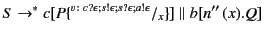 $\displaystyle S \mathrel{\rightarrow^{*}}
c[P\{^{v\colon c?\epsilon ;s!\epsilon ;
s?\epsilon ;a!\epsilon }/_{x}\}]
\parallel b[n'' (x).Q]
$