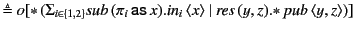 $\displaystyle \triangleq o[\mathopen{*} (\Sigma_{i \in \{1,2\}}\mathit{sub} (...
...x\rangle \vert \mathit{res} (y, z). \mathopen{*} pub \langle y, z\rangle )]$