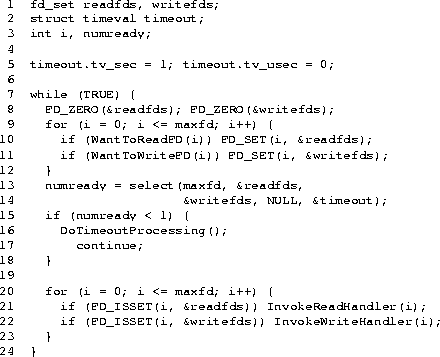 \begin{figure*}
\footnotesize
\begin{tex2html_preform}\begin{verbatim}1 fd_set r...
...nvokeWriteHandler(i);
23 }
24 }\end{verbatim}\end{tex2html_preform}\end{figure*}