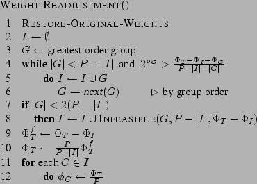 \begin{codebox}
\Procname{$\procdecl{Weight-Readjustment}()$}
\mi \proc{Restore-...
... \For each $C \in I$
\mi \Do $\phi_C \gets \frac{\Phi_T}{P}$
\End
\end{codebox}