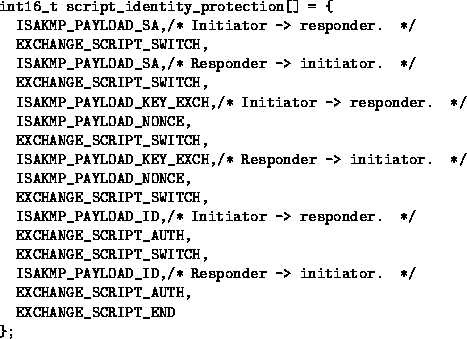 \begin{figure*}
\begin{verbatim}
int16_t script_identity_protection[] = {
 ISAKM...
 ...or. */
 EXCHANGE_SCRIPT_AUTH,
 EXCHANGE_SCRIPT_END
};\end{verbatim}\end{figure*}