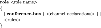 \begin{smalltab}
\= {\bf role} $<$role name$\gt$\space \\ \\ gt \{ \= \\ \\ gt \...
 ...ns$\gt$\space \} ] \\ \\ gt \\ gt $<$rules$\gt$\space \\ \\ gt \} \end{smalltab}