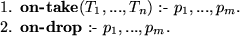 \begin{smallenum}
\item {\bf on-take}($T_{1}, ..., T_{n}$) :- $p_{1}, ..., p_{m}$. 
\item {\bf on-drop} :- $p_{1}, ..., p_{m}$. \end{smallenum}