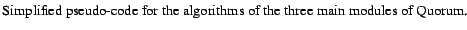 % latex2html id marker 1423
$\textstyle \parbox{6.06in}{
%\vspace{-0.09in}
\ca...
...implified pseudo-code for the algorithms of the three main modules of Quorum.}}$