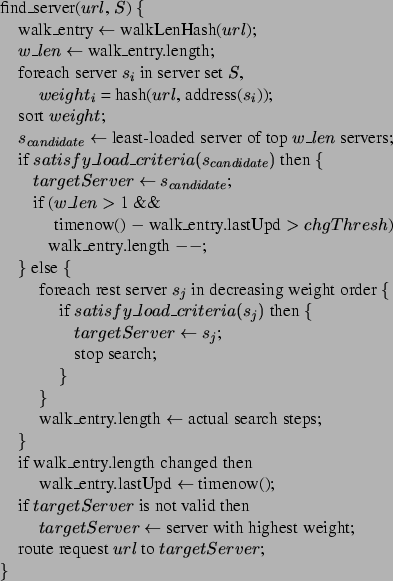 \begin{figure}\centering\begin{tabbing}
fin\=d\_server($url$, $S$) \{ \\
\> w...
...uest $url$ to $targetServer$; \\
\}
\end{tabbing}\vspace{-.125in}\end{figure}