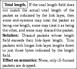 \framebox{
\begin{minipage}[h]{0.45\textwidth}
\small
\framebox{\textbf{Total le...
...Effect on semantics:} None, only ill-formed packets are dropped.
\end{minipage}}