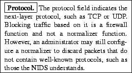 \framebox{
\begin{minipage}[h]{0.45\textwidth}
\small
\framebox{\textbf{Protocol...
...ontain
well-known protocols, such as those the NIDS understands.
\end{minipage}}