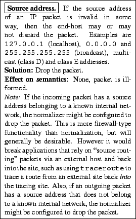 \framebox{
\begin{minipage}[h]{0.45\textwidth}
\small
\framebox{\textbf{Source a...
... network, the normalizer might be configured to drop the
packet.
\end{minipage}}