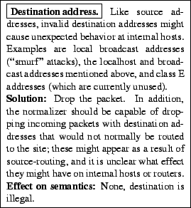 \framebox{
\begin{minipage}[h]{0.45\textwidth}
\small
\framebox{\textbf{Destinat...
....
\par {\bf Effect on semantics:} None, destination
is illegal.
\end{minipage}}