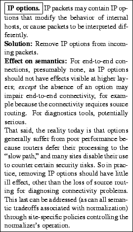 \framebox{
\begin{minipage}[h]{0.45\textwidth}
\small
\framebox{\textbf{IP optio...
...h
site-specific policies controlling the normalizer's operation.
\end{minipage}}