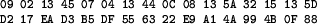 \begin{figure}
\footnotesize
\begin{verbatim}
09 02 13 45 07 04 13 44 0C 08...
...
D2 17 EA D3 B5 DF 55 63 22 E9 A1 4A 99 4B 0F 88\end{verbatim}
\end{figure}