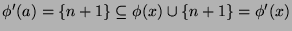 $ \phi'(a) = \{n+1\} \subseteq \phi(x) \cup \{n+1\} =
\phi'(x)$