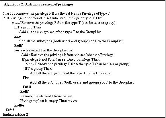 Text Box:  Algorithm 2: Addition / removal of privileges

1. Add / Remove the privilege P from the set Native Privilege of type T
2. If privilege P not found in set Inherited Privilege of type T Then
Add / Remove the privilege P from the type T (can be user or group)
             If T a group Then
Add all the sub groups of the type T to the GroupList
             Else
Add all the sub-types (both users and groups) of T to the GroupList
             Endif
             For each element I in the GroupList do
     Add / Remove the privilege P from the set Inherited Privilege
If privilege P not found in set Direct Privilege Then
Add / Remove the privilege P from the type T (can be user or group)
      	         If T a group Then
   Add all the sub groups of the type T to the GroupList
                       Else
   Add all the sub-types (both users and groups) of T to the GroupList
                       Endif
                    Endif
                    Remove the element I from the list
                    If the groupList is empty Then return
             Endfor
   Endif
EndAlgorithm 2
