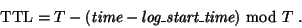 \begin{displaymath}\mbox{{\rm TTL}} = T -
(\mbox{\em time}-\mbox{\em log\_start\_time})\ \mbox{\rm mod}\ T\ .\end{displaymath}